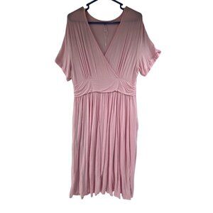 Weaczzy Women's Short Sleeve Midi Dress V Neck Pullover Pink Size XL Strech